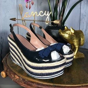 Red Valentino Blue Patent Leather Canvas Bow Wedge